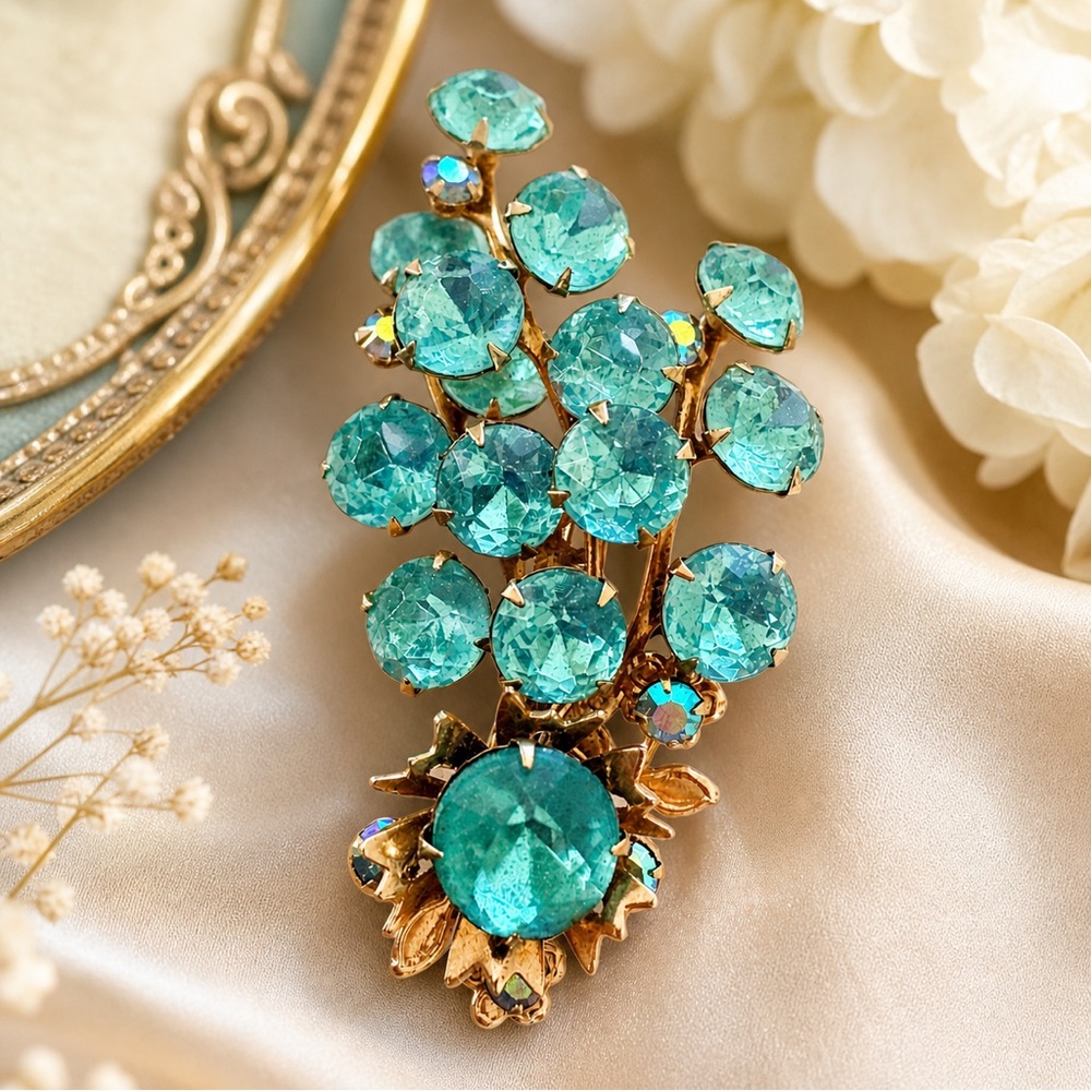 Vintage Aqua Rhinestone Brooch Gold Tone Floral Spray Statement Pin